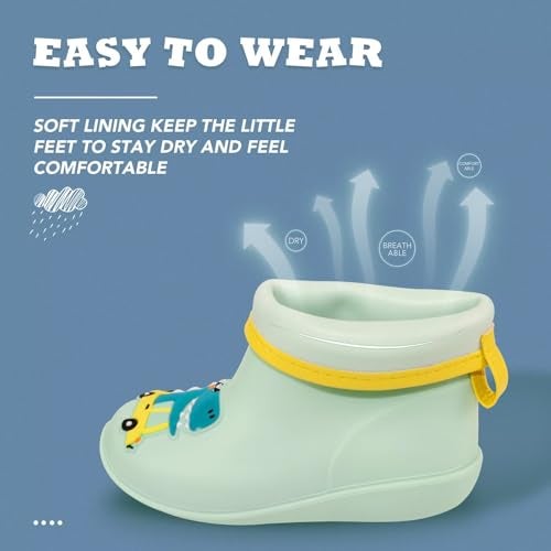 FUNCOO PLUS Toddler Kids Rain Boots Baby Rain Shoes Children Easy On Waterproof Boots for Boys and Girls, Green Dinosaur, Toddler Size 10.5-11 - Image 3