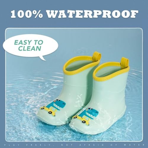 FUNCOO PLUS Toddler Kids Rain Boots Baby Rain Shoes Children Easy On Waterproof Boots for Boys and Girls, Green Dinosaur, Toddler Size 10.5-11 - Image 5