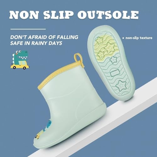 FUNCOO PLUS Toddler Kids Rain Boots Baby Rain Shoes Children Easy On Waterproof Boots for Boys and Girls, Green Dinosaur, Toddler Size 10.5-11 - Image 2