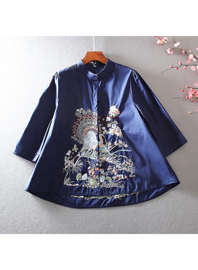 Original Design Sense Fashion Women's Clothing Foreign Elegant Loose Version A All-match Shirt Heavy Industry Embroidered Half Sleeve Shirt Spring And Summer