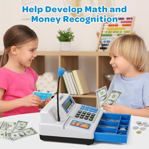 BAODLON Calculator Cash Register - 103 Pcs Toy Cash Register, Store Set with Microphone, Credit Card and Banking for Kids, Early Math Skills Toys Gifts for 3, 4, 5, 6 7 8+ Years Old Boy Girl - Image 5