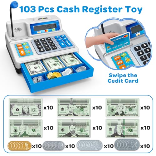 BAODLON Calculator Cash Register - 103 Pcs Toy Cash Register, Store Set with Microphone, Credit Card and Banking for Kids, Early Math Skills Toys Gifts for 3, 4, 5, 6 7 8+ Years Old Boy Girl - Image 2