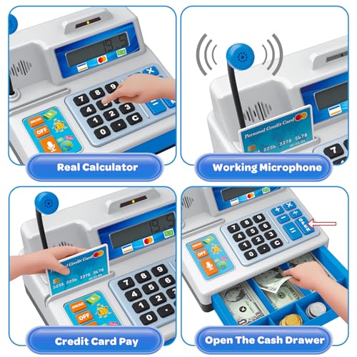BAODLON Calculator Cash Register - 103 Pcs Toy Cash Register, Store Set with Microphone, Credit Card and Banking for Kids, Early Math Skills Toys Gifts for 3, 4, 5, 6 7 8+ Years Old Boy Girl - Image 3