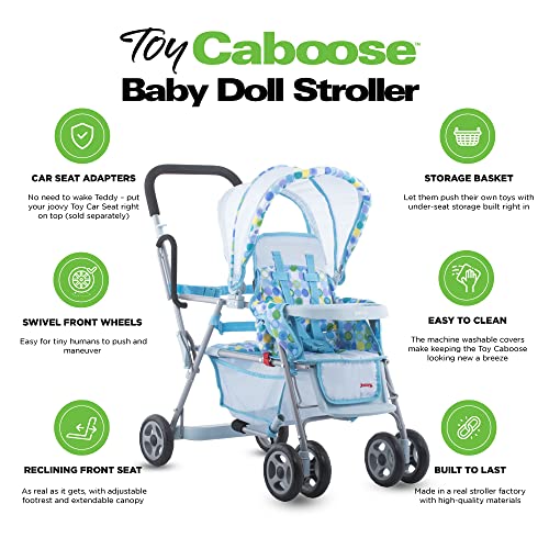 Joovy Toy Caboose Baby Doll Stroller Featuring Reclining Front Seat, Adjustable Footrest, Storage Basket, Extendable Canopy, and Snack Tray - Holds 3 Dolls (Blue Dot) - Image 5