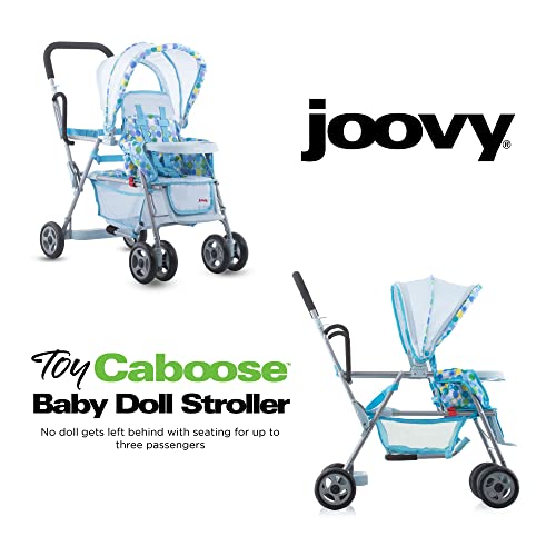 Joovy Toy Caboose Baby Doll Stroller Featuring Reclining Front Seat, Adjustable Footrest, Storage Basket, Extendable Canopy, and Snack Tray - Holds 3 Dolls (Blue Dot) - Image 3