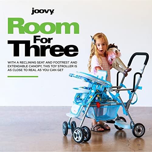 Joovy Toy Caboose Baby Doll Stroller Featuring Reclining Front Seat, Adjustable Footrest, Storage Basket, Extendable Canopy, and Snack Tray - Holds 3 Dolls (Blue Dot) - Image 4
