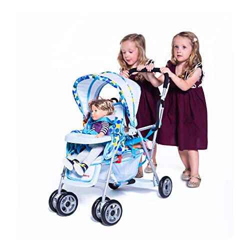 Joovy Toy Caboose Baby Doll Stroller Featuring Reclining Front Seat, Adjustable Footrest, Storage Basket, Extendable Canopy, and Snack Tray - Holds 3 Dolls (Blue Dot) - Image 1