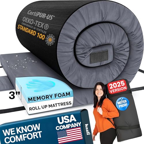 Hazli Matrix Comfort-Cell Memory Foam Camping Mattress Pad - Roll Up Mattress for Adults - Portable Cot Sleeping Pad for Camping - Floor Mat or Bed Roll for Car, SUV - 72’’ X 26’’ X 3’’ Dark Grey - Image 1
