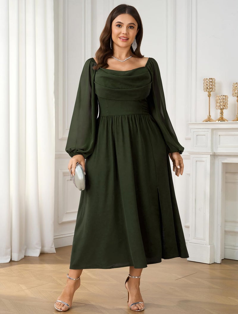 SHESTARR Women's Plus Size Dress Chiffon Long Sleeve Cowl Neck Wedding Guest Cocktail Party Maxi Dress Army Green - Image 5