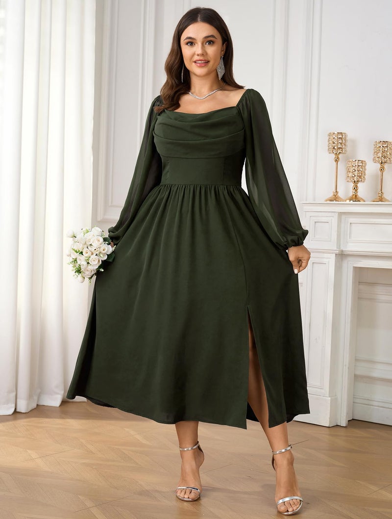SHESTARR Women's Plus Size Dress Chiffon Long Sleeve Cowl Neck Wedding Guest Cocktail Party Maxi Dress Army Green - Image 4
