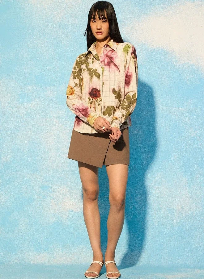 ذا سوليد ستور The Souled Store Women Relaxed Fit Printed Beige Casual Shirt