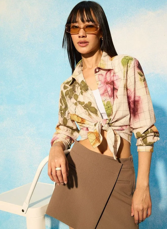 ذا سوليد ستور The Souled Store Women Relaxed Fit Printed Beige Casual Shirt