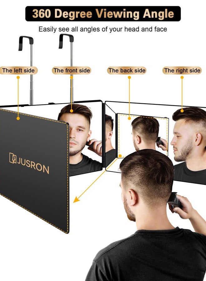 JUSRON 360 Viewing Angle Self Hair Cutting Mirror, Clear Anti-Fog HD Glass (Black Without LED Without Accessories) - Image 2