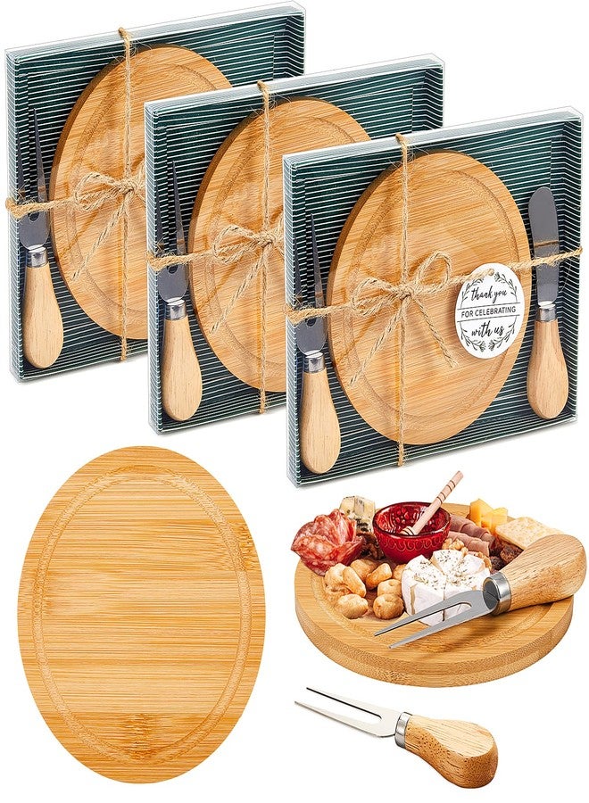 Maxcheck 3 Sets Baby Shower Bridal Game Prizes for Winners Round Cheese Board Set Wood Mini Charcuterie Board with Knives and Forks Thank You Card with Gift Box for Guests Wedding (Bamboo) - Image 1