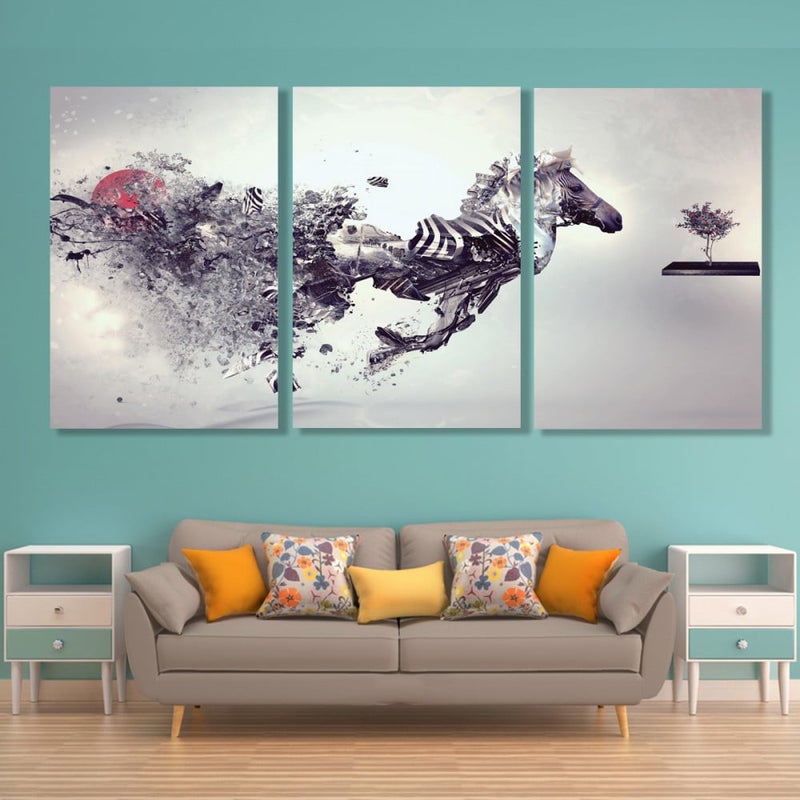 Marktna Three canvas paintings with a horse design and a hollow frame, measuring (150×70), three pieces - Image 1