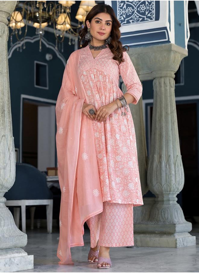 Vishudh - Women Pink Floral Printed Cotton Kurta Set by Styli - Image 1