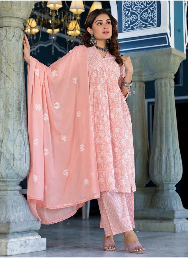 Vishudh - Women Pink Floral Printed Cotton Kurta Set by Styli - Image 1
