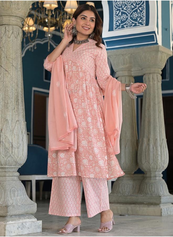 Vishudh - Women Pink Floral Printed Cotton Kurta Set by Styli - Image 1