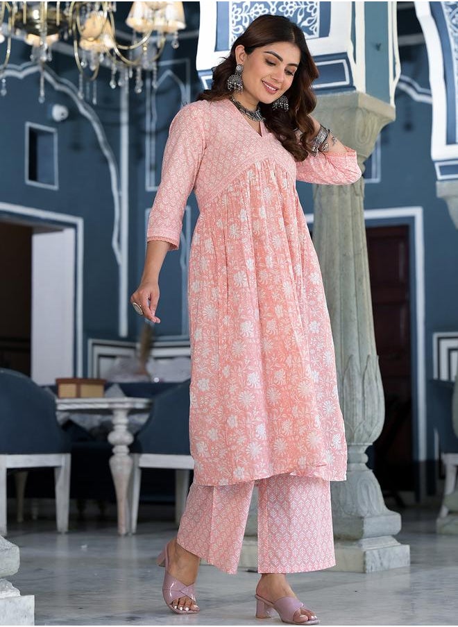 Vishudh - Women Pink Floral Printed Cotton Kurta Set by Styli - Image 1