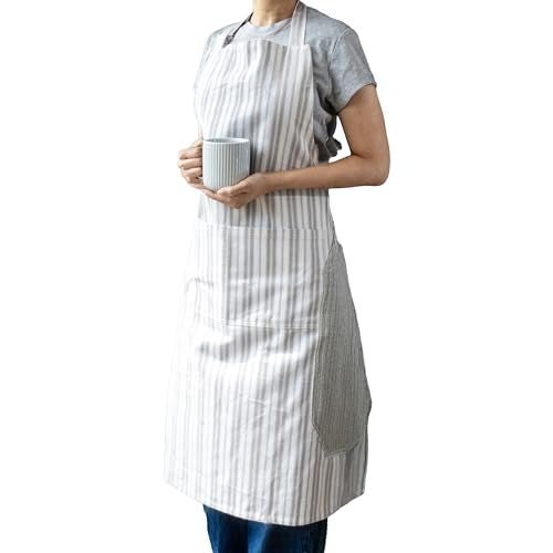 RUSTIQUE LINENS 100% Cotton Kitchen Apron with Dual-Side Terry Wipe | Unisex Apron for Men & Women – Adjustable Neck Strap, Large Pocket – Ideal for Cooking, Baking, BBQ & Gardening - Cream Pewter - Image 1
