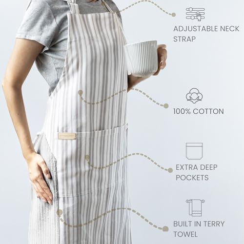 RUSTIQUE LINENS 100% Cotton Kitchen Apron with Dual-Side Terry Wipe | Unisex Apron for Men & Women – Adjustable Neck Strap, Large Pocket – Ideal for Cooking, Baking, BBQ & Gardening - Cream Pewter - Image 2