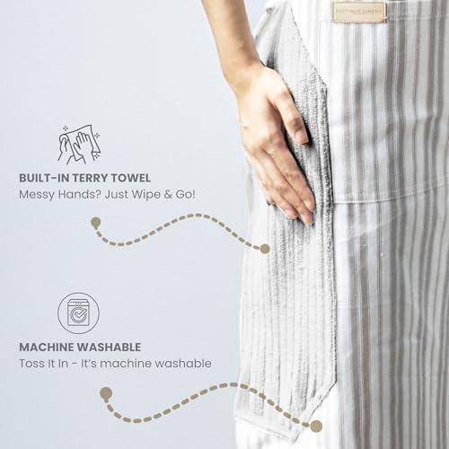 RUSTIQUE LINENS 100% Cotton Kitchen Apron with Dual-Side Terry Wipe | Unisex Apron for Men & Women – Adjustable Neck Strap, Large Pocket – Ideal for Cooking, Baking, BBQ & Gardening - Cream Pewter - Image 3