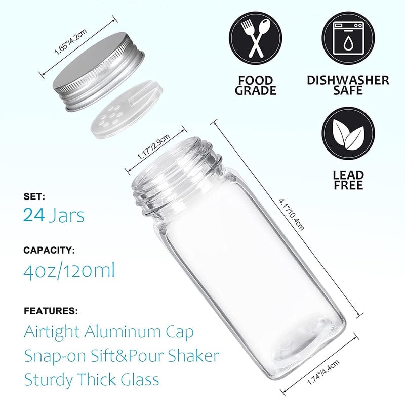 12 Glass Spice Jars with w/40 Labels Stickers-4oz Empty Square Spice Containers,24 Shaker Lids and Airtight Metal Caps- Paint Pen, Silicone Collapsible Funnel & Rag Included - Image 5