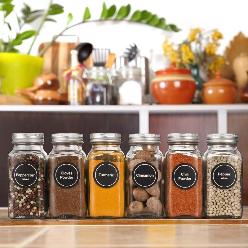 12 Glass Spice Jars with w/40 Labels Stickers-4oz Empty Square Spice Containers,24 Shaker Lids and Airtight Metal Caps- Paint Pen, Silicone Collapsible Funnel & Rag Included - Image 4