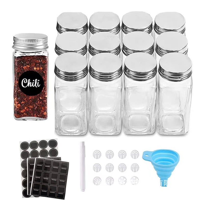 12 Glass Spice Jars with w/40 Labels Stickers-4oz Empty Square Spice Containers,24 Shaker Lids and Airtight Metal Caps- Paint Pen, Silicone Collapsible Funnel & Rag Included - Image 1