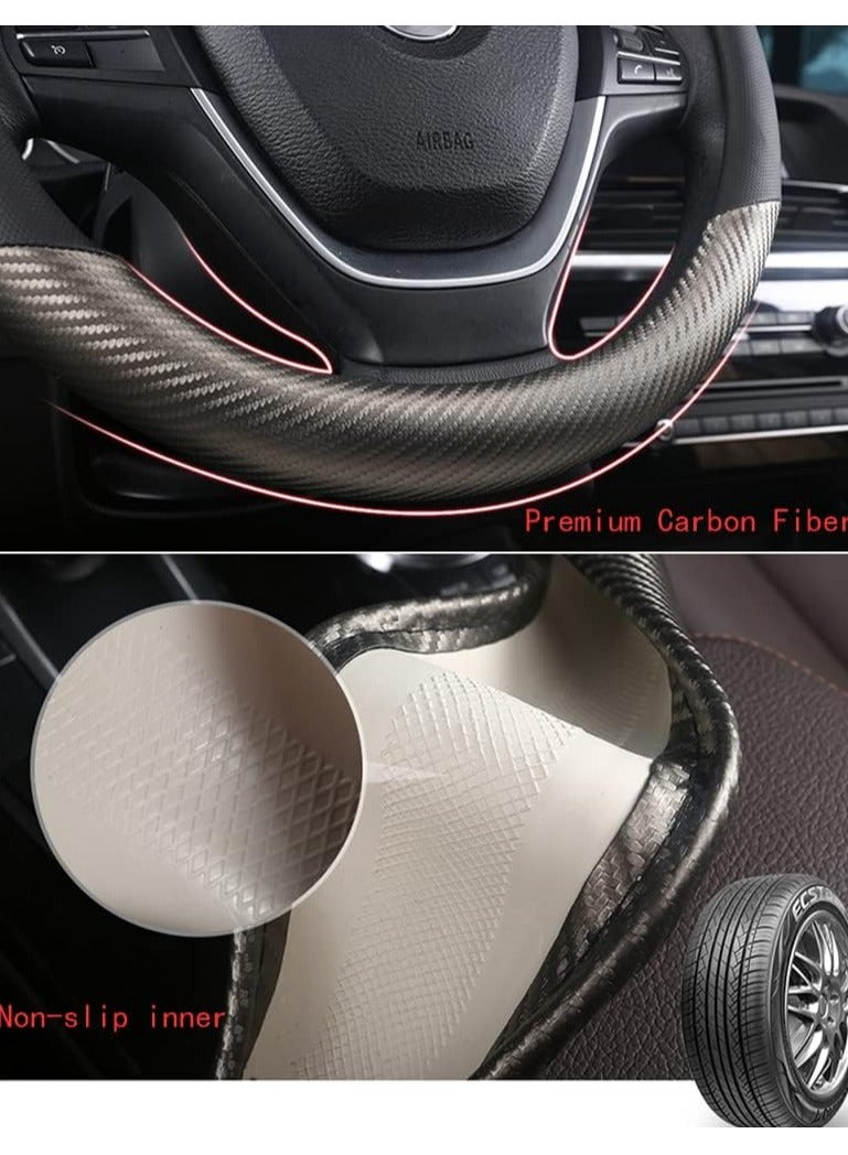 Carbon Fiber  Microfiber PU Leather Steering Wheel Cover Anti-Slip Car Steering Wheel Protector Breathable Sweat Absorbent Sport for Diameter 38cm 15 Inch (Grey) - Image 4