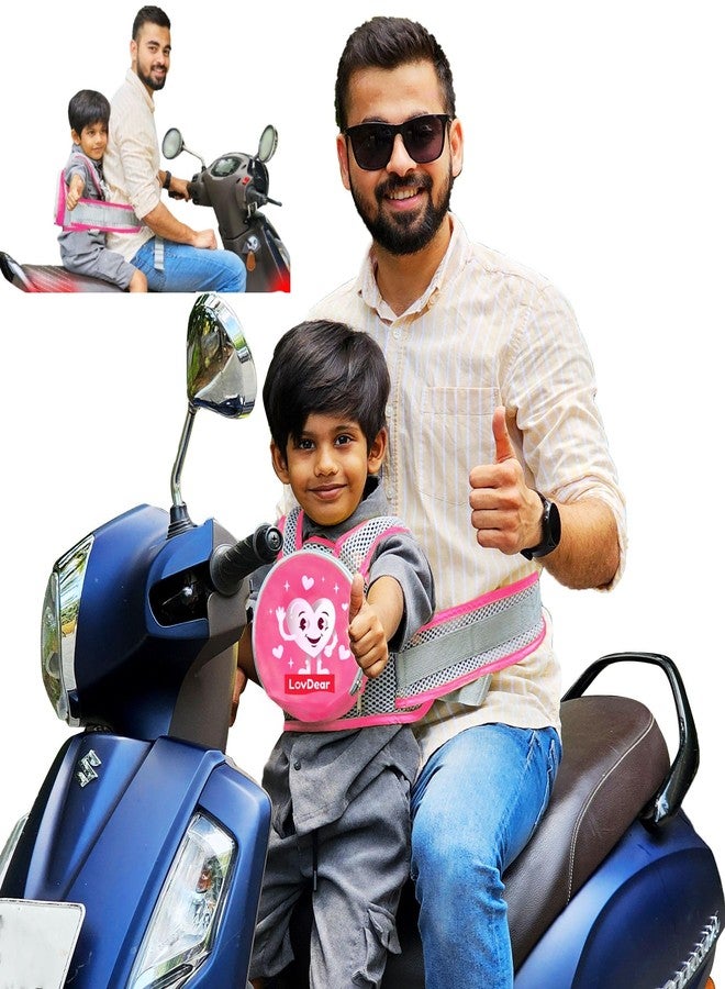 LovDear kids safety belt for two wheeler with storage bag - Adjustable safety belt for kids for bike scooty - Two wheeler safety belt for kids -bike belt for kids safety (2-9 years) Pink - Image 1