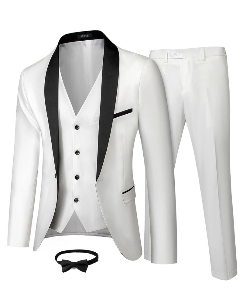 MYS Mens 3 Piece Tuxedo Set with Bow Tie Shawl Lapel One Button Jacket Vest Pants Slim Fit Suit Prom Party Wedding Tux White
