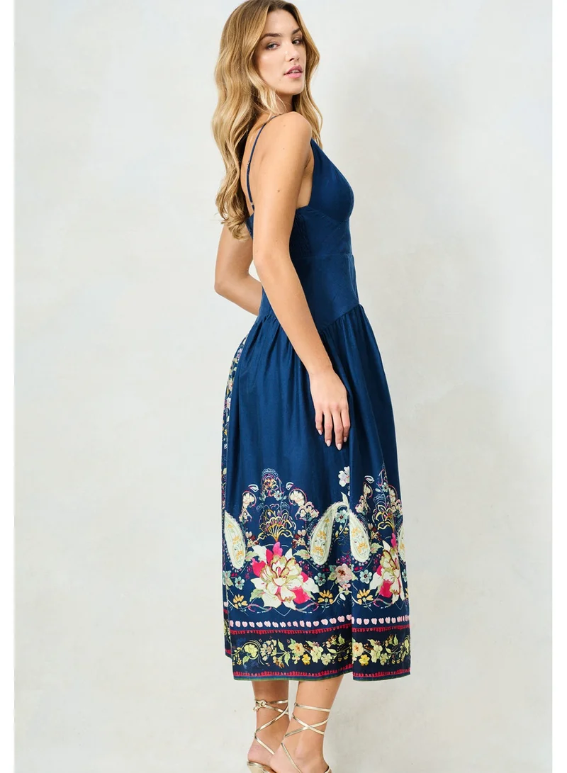 Hope & Ivy  Printed V-Neck Drop Waist Midi Dress for Women | Best Price UAE