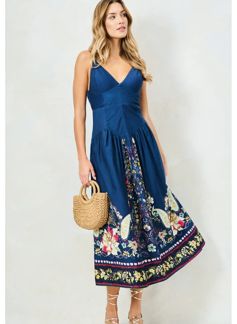 Hope & Ivy  Printed V-Neck Drop Waist Midi Dress for Women | Best Price UAE