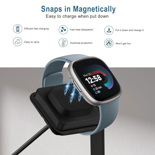 Gltire Magnetic Charging Dock for Fitbit Sense/Sense 2/Versa 3/Versa 4, USB-A Cable, Charger Stand for Fitbit Smartwatches, Black - Image 5