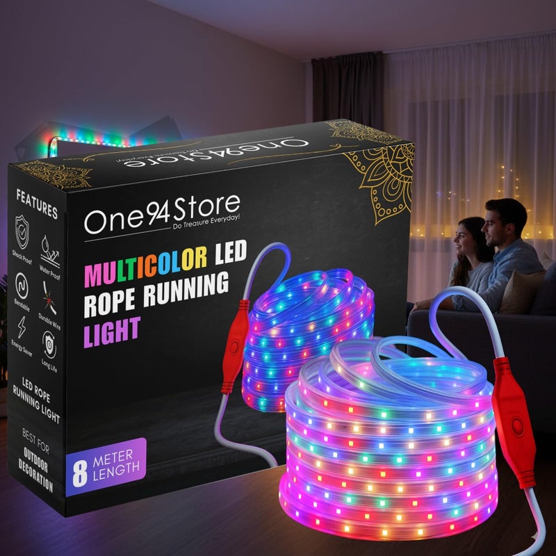 One94Store شريط ضوء LED بطول 8 متر - متعدد الألوان مقاوم للماء، شريط زينة مزخرف، 48 LED/م، أضواء تعمل بالتيار الكهربائي للبالكون، السقف، الحديقة، المنزل، الهواء الطلق، الحفلات، المهرجانات وزينة عيد الميلاد - Image 1