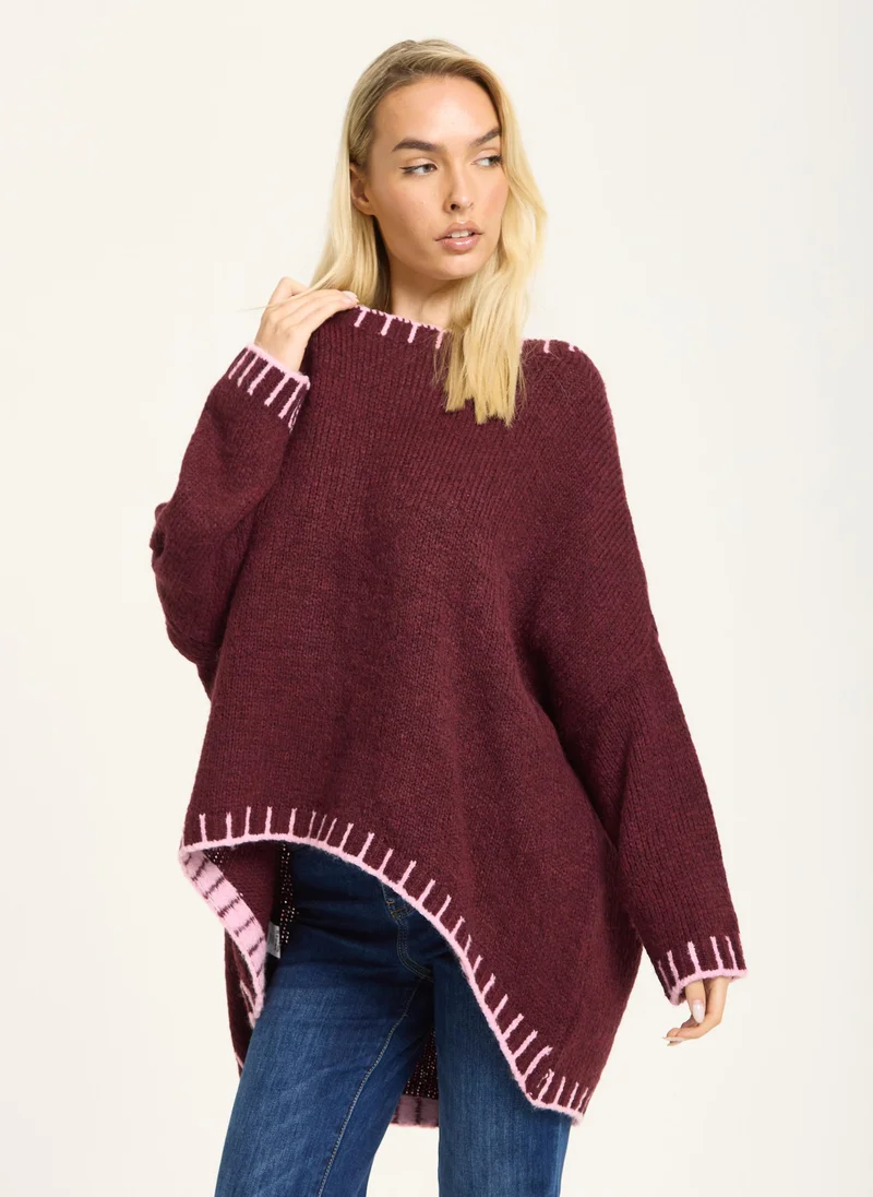 Liquorish Burgundy Wool Blend Jumper Pink Trim