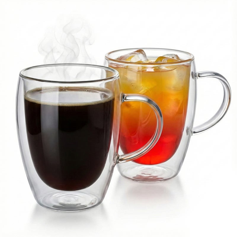 كويزين أرت طقم أكواب زجاجية مزدوجة الجدار من زجاج البوروسيليكات من كويزين آرت، سعة 350 مل، مع مقبض، قطعتان | أكواب شاي وقهوة شفافة مقاومة للحرارة | زجاج معزول وآمن للاستخدام في الميكروويف وغسالة الصحون - Image 2