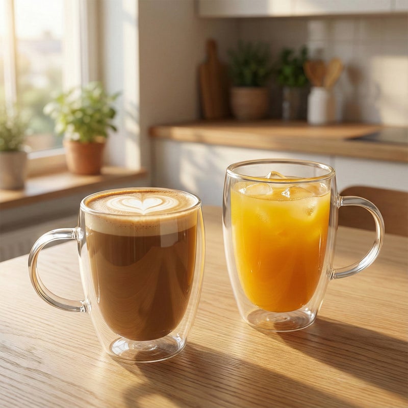 كويزين أرت طقم أكواب زجاجية مزدوجة الجدار من زجاج البوروسيليكات من كويزين آرت، سعة 350 مل، مع مقبض، قطعتان | أكواب شاي وقهوة شفافة مقاومة للحرارة | زجاج معزول وآمن للاستخدام في الميكروويف وغسالة الصحون - Image 3