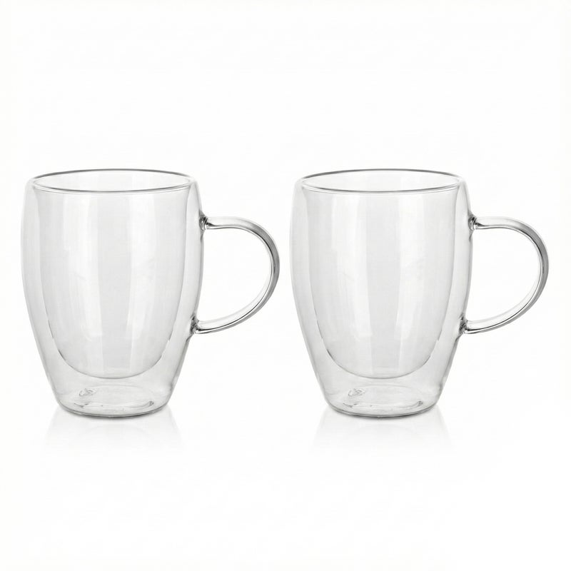 كويزين أرت طقم أكواب زجاجية مزدوجة الجدار من زجاج البوروسيليكات من كويزين آرت، سعة 350 مل، مع مقبض، قطعتان | أكواب شاي وقهوة شفافة مقاومة للحرارة | زجاج معزول وآمن للاستخدام في الميكروويف وغسالة الصحون - Image 1