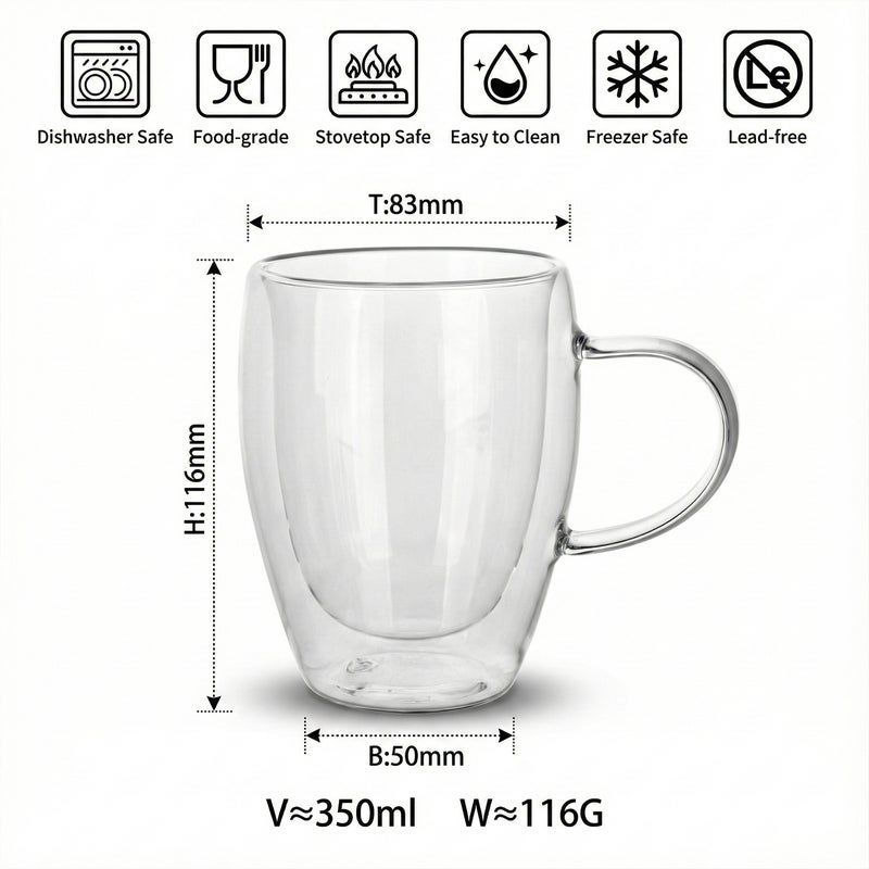 كويزين أرت طقم أكواب زجاجية مزدوجة الجدار من زجاج البوروسيليكات من كويزين آرت، سعة 350 مل، مع مقبض، قطعتان | أكواب شاي وقهوة شفافة مقاومة للحرارة | زجاج معزول وآمن للاستخدام في الميكروويف وغسالة الصحون - Image 4