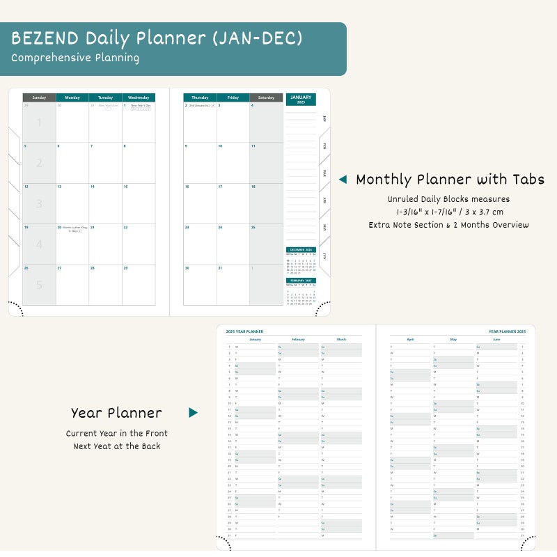 BEZEND Daily Planner 2026 (6" x 8.5") Full Page per Day Even Weekend (Jan-Dec) Monthly Calendar with Tabs, 2 Columns for Dual Schedule with Note, Vegan Leather Hardcover in Black - Image 4
