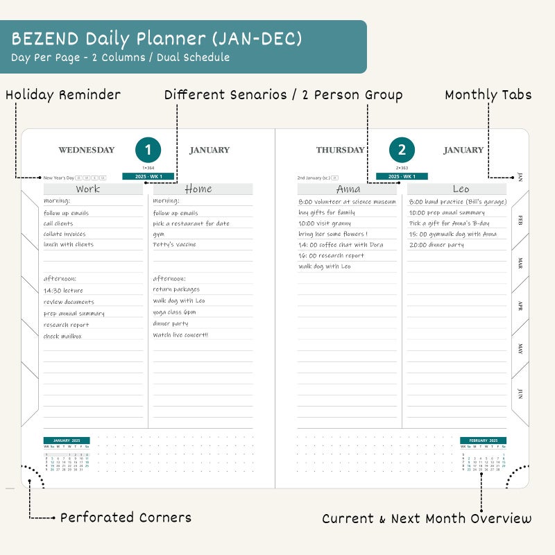 BEZEND Daily Planner 2026 (6" x 8.5") Full Page per Day Even Weekend (Jan-Dec) Monthly Calendar with Tabs, 2 Columns for Dual Schedule with Note, Vegan Leather Hardcover in Black - Image 3