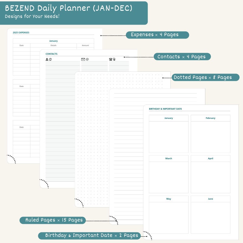BEZEND Daily Planner 2026 (6" x 8.5") Full Page per Day Even Weekend (Jan-Dec) Monthly Calendar with Tabs, 2 Columns for Dual Schedule with Note, Vegan Leather Hardcover in Black - Image 5