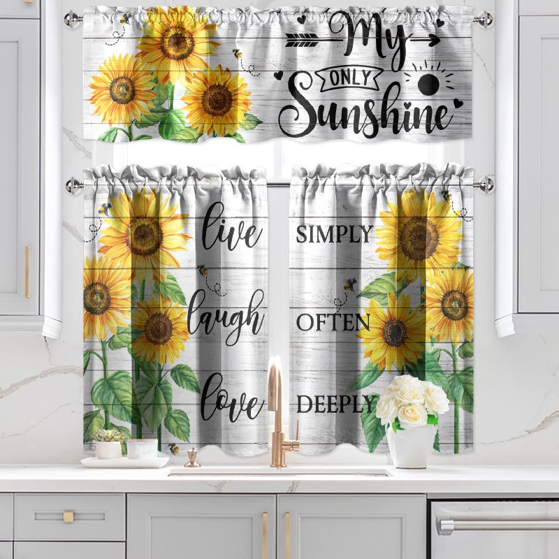 VBDFD Sunflower Kitchen Curtains and Valances  3 Piece Rustic Wood Farmhouse Floral Tier and Valance Curtain Set for Sunflower Home Decor