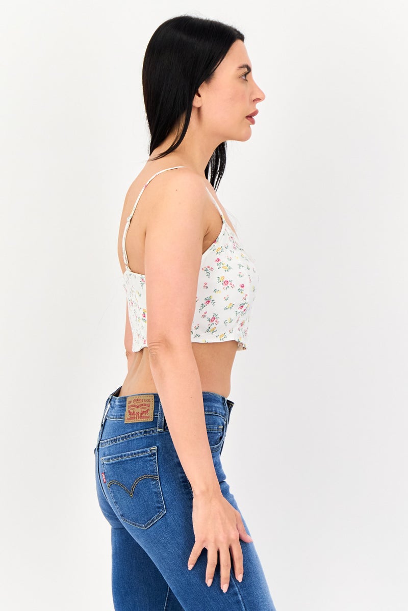 Bershka بلوزة نسائية بدون أكمام بتصميم زهري على شكل حرف V، بيضاء - Image 2