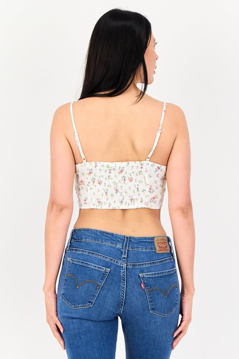 Bershka بلوزة نسائية بدون أكمام بتصميم زهري على شكل حرف V، بيضاء - Image 3