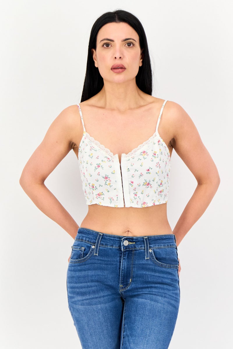 Bershka بلوزة نسائية بدون أكمام بتصميم زهري على شكل حرف V، بيضاء - Image 1