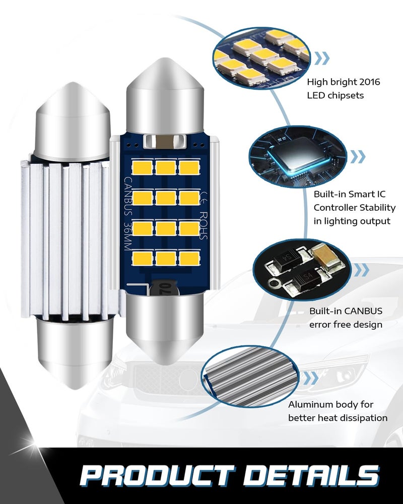 Alopee 6418 LED Bulb C5W Festoon 1.42-inch Warm White 3000K - Error-Free Non-Polarity Replacement for DE3423 4410 C5W - Interior Dome Lights & Map Lights - DC 9-28V Vehicle Bulbs (6-Pack) - Image 4