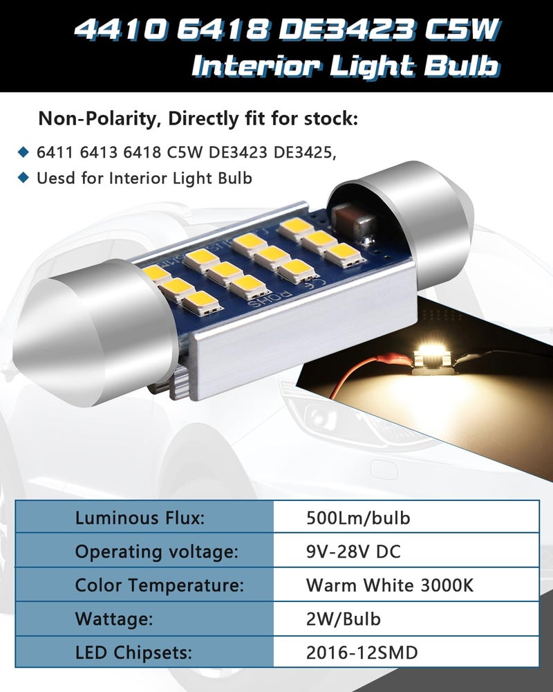 Alopee 6418 LED Bulb C5W Festoon 1.42-inch Warm White 3000K - Error-Free Non-Polarity Replacement for DE3423 4410 C5W - Interior Dome Lights & Map Lights - DC 9-28V Vehicle Bulbs (6-Pack) - Image 3